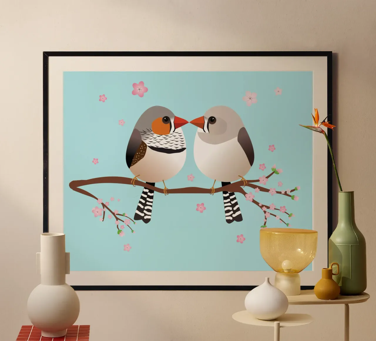 Una simpatica coppia di fringuelli zebrati a forma di uovo poster con telaio in legno da BwiseLizzy