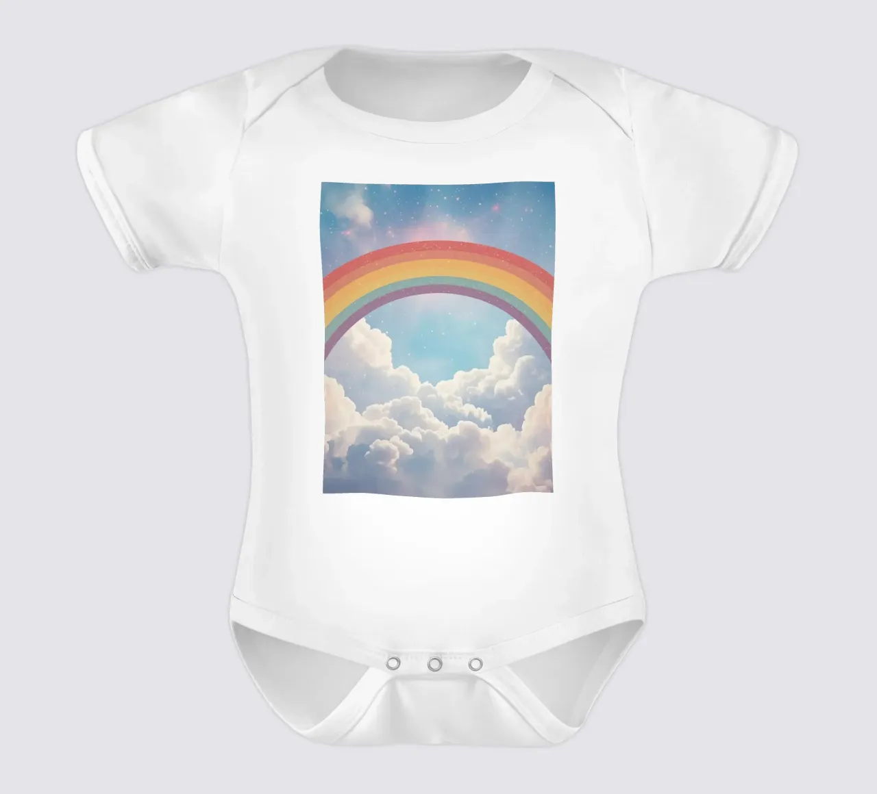 Dreams Rainbow over Clouds in Starry Sky short-sleeve baby romper by DesignDoodle