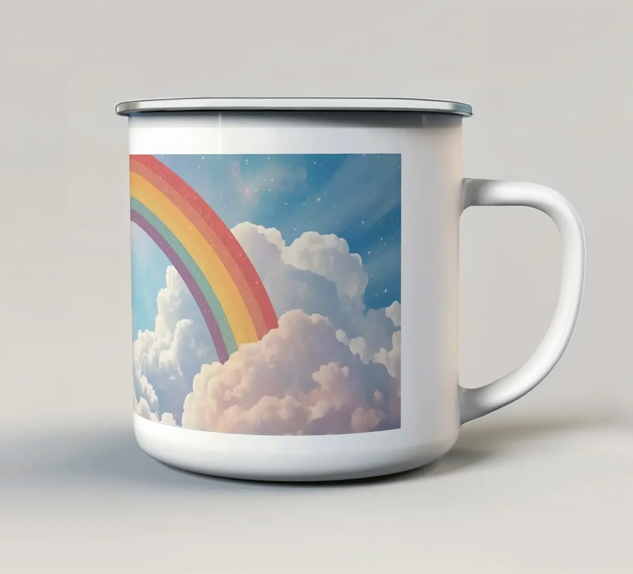 Sogni Arcobaleno sopra le nuvole nel cielo stellato tazza in smalto da DesignDoodle
