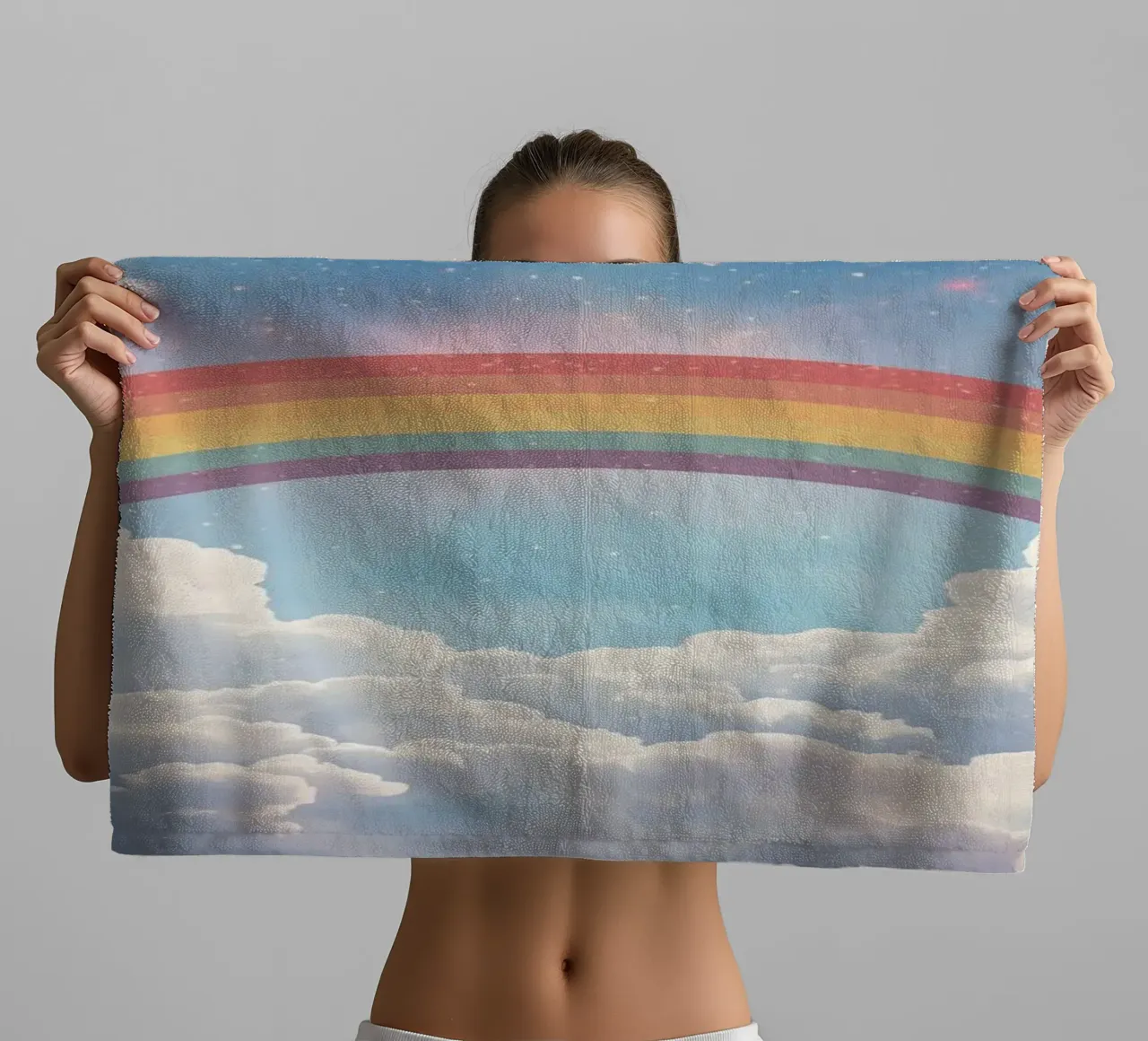 Dreams Rainbow over Clouds in Starry Sky towel by DesignDoodle