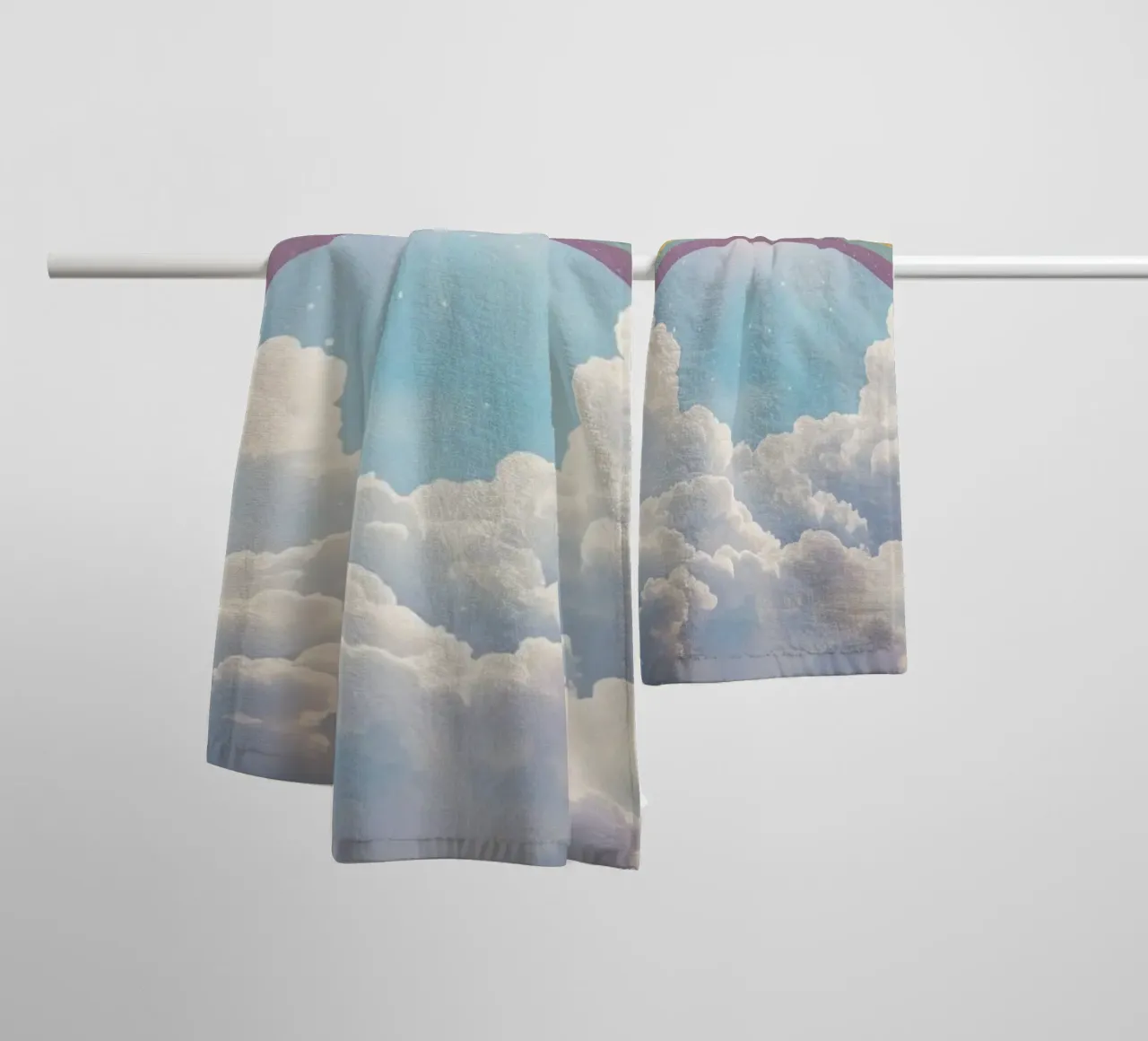 Dreams Rainbow over Clouds in Starry Sky towel by DesignDoodle