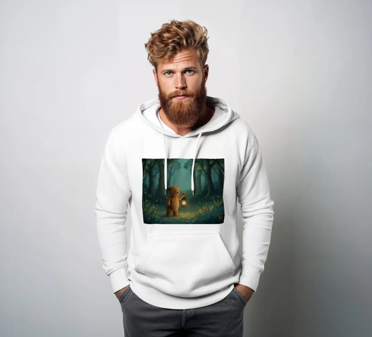 Orsacchiotto smarrito che tiene una lanterna nella foresta felpa con cappuccio da DesignDoodle