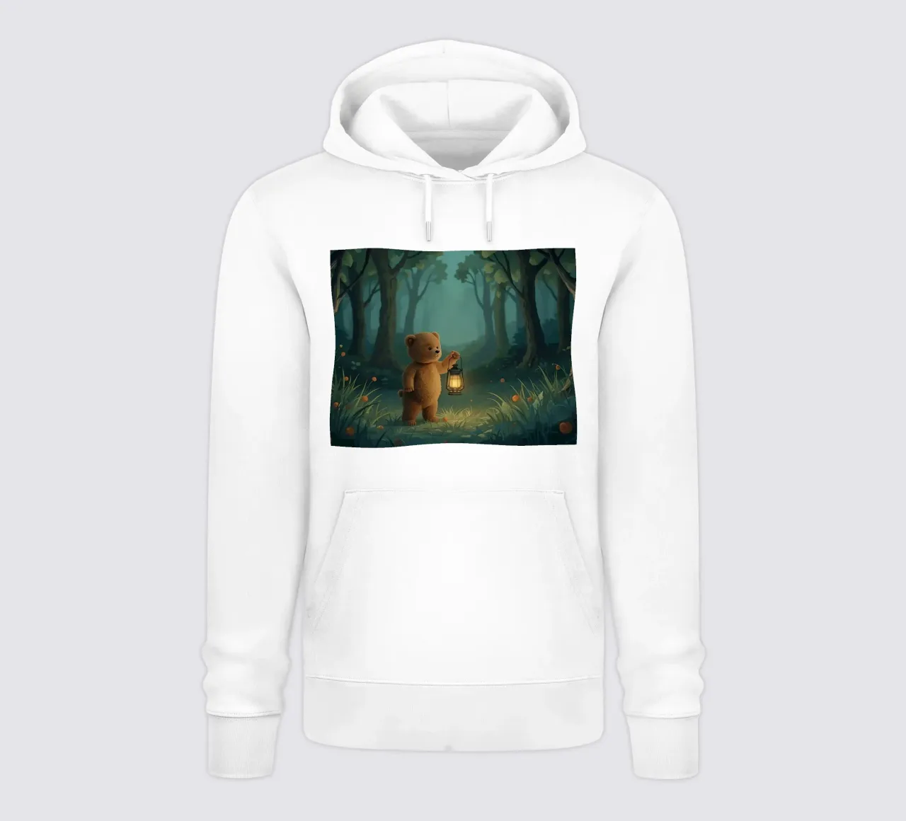 Orsacchiotto smarrito che tiene una lanterna nella foresta felpa con cappuccio da DesignDoodle