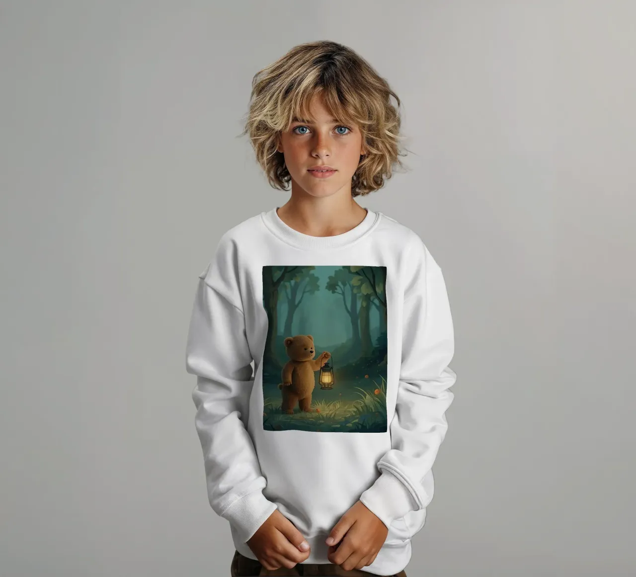 Orsacchiotto smarrito che tiene una lanterna nella foresta felpa bambino da DesignDoodle