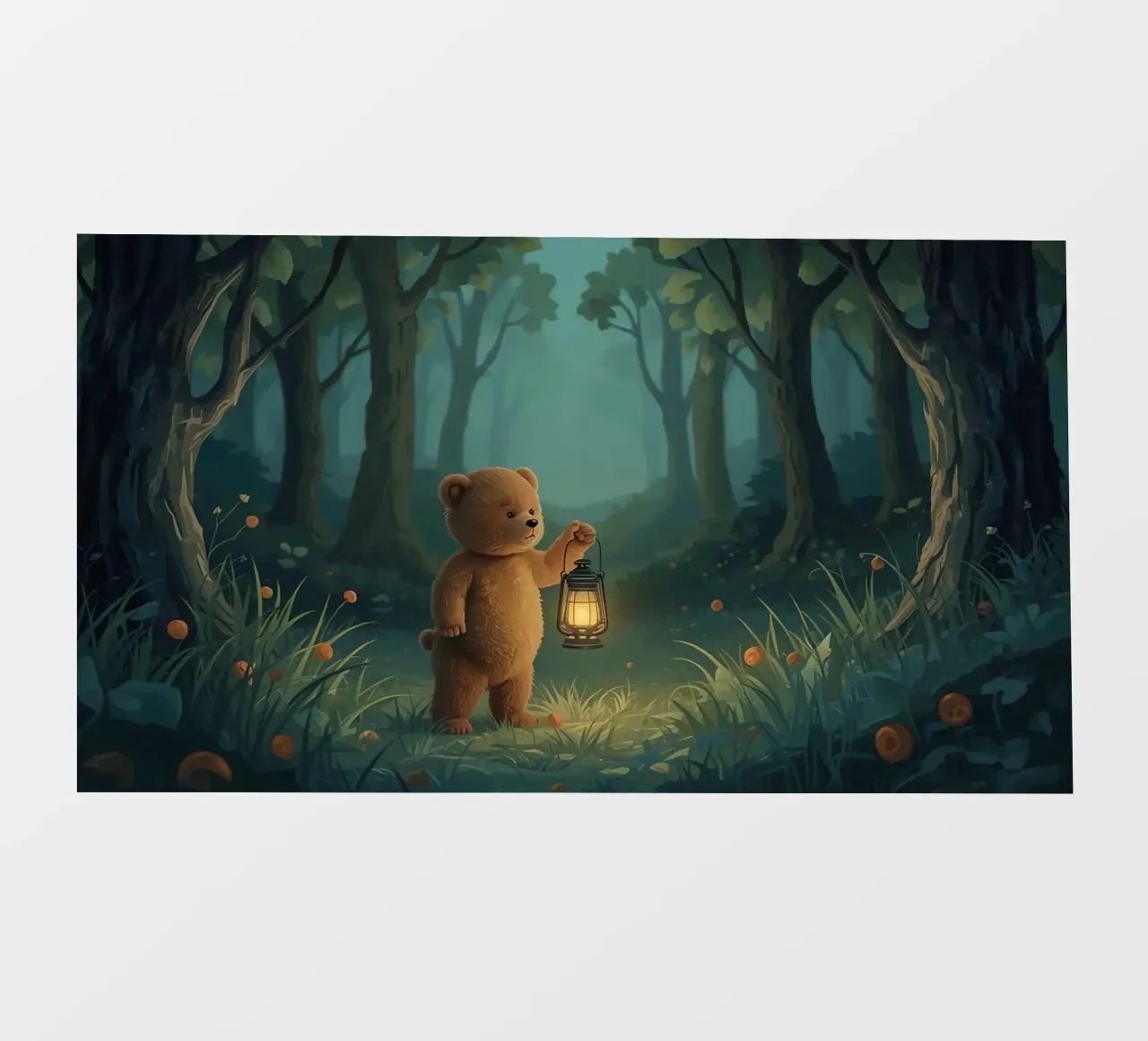 Orsacchiotto smarrito che tiene una lanterna nella foresta pellicola backlit da DesignDoodle