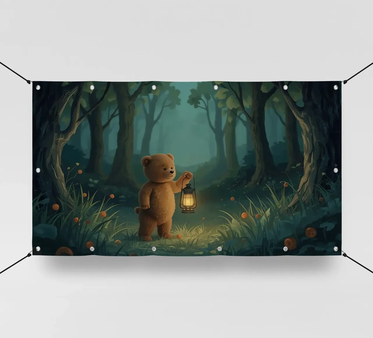 Orsacchiotto smarrito che tiene una lanterna nella foresta telo in pvc da DesignDoodle