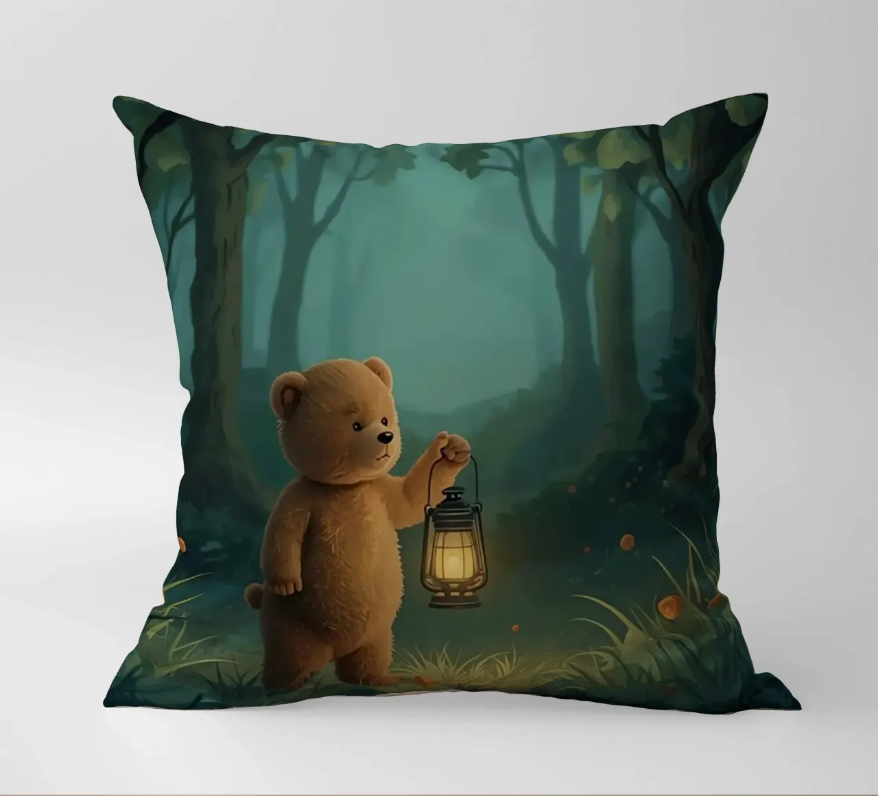 Orsacchiotto smarrito che tiene una lanterna nella foresta cuscino da DesignDoodle