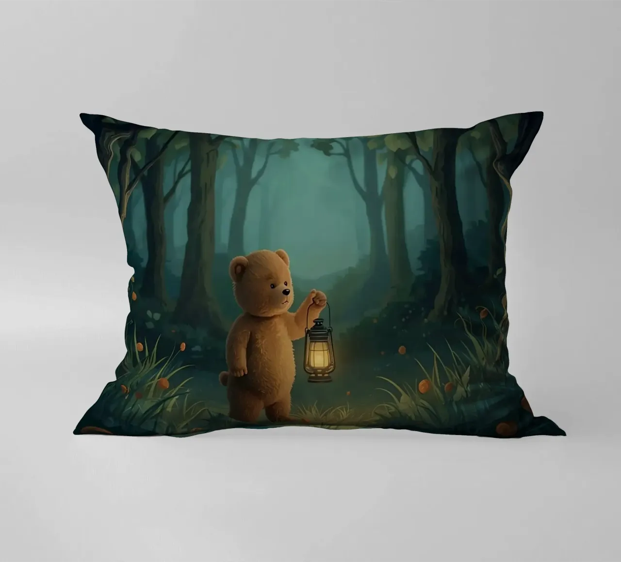 Orsacchiotto smarrito che tiene una lanterna nella foresta cuscino da DesignDoodle