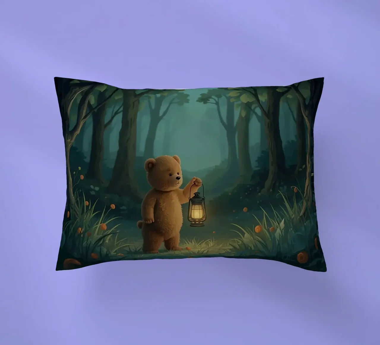 Orsacchiotto smarrito che tiene una lanterna nella foresta cuscino da DesignDoodle