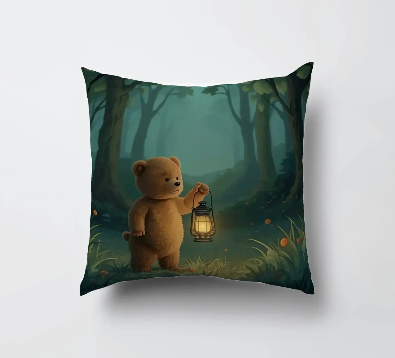 Orsacchiotto smarrito che tiene una lanterna nella foresta cuscino da DesignDoodle