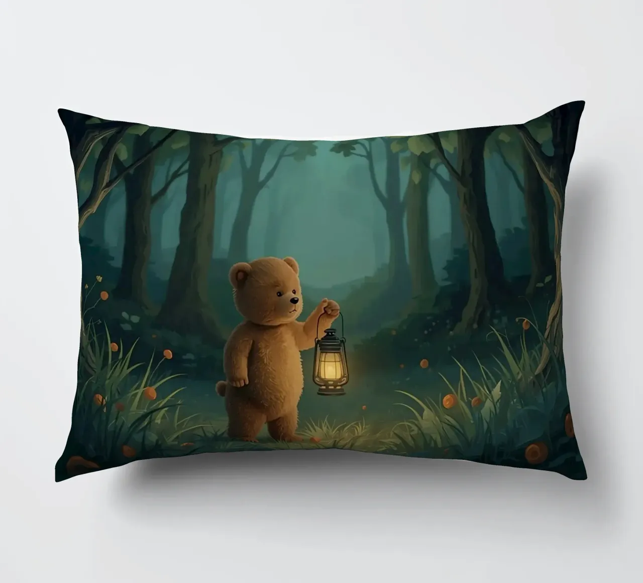 Orsacchiotto smarrito che tiene una lanterna nella foresta cuscino da DesignDoodle