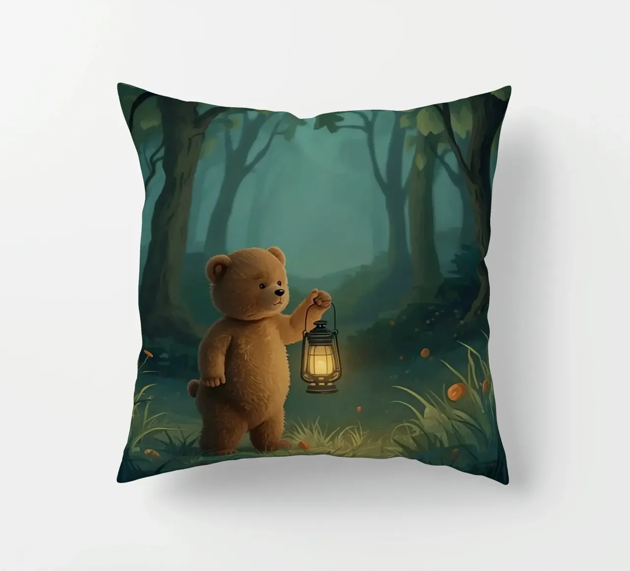 Orsacchiotto smarrito che tiene una lanterna nella foresta cuscino da DesignDoodle