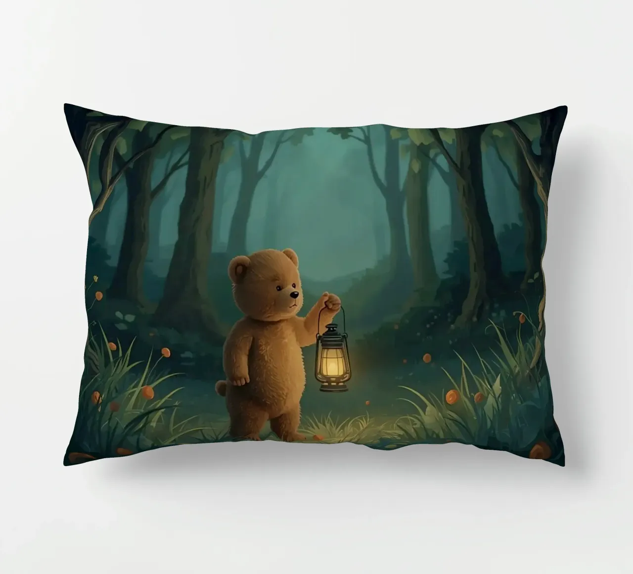 Orsacchiotto smarrito che tiene una lanterna nella foresta cuscino da DesignDoodle