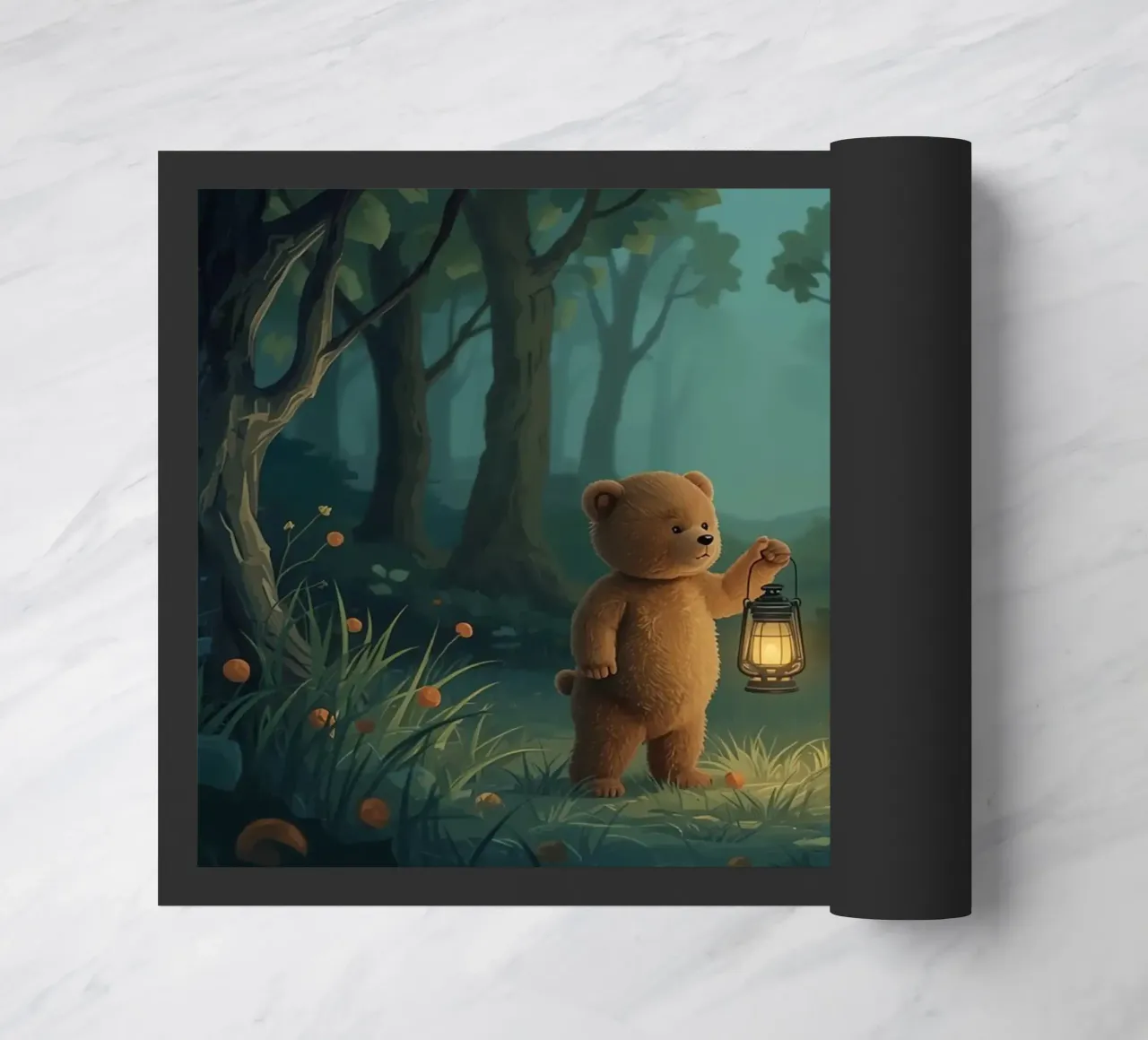 Orsacchiotto smarrito che tiene una lanterna nella foresta zerbino da DesignDoodle