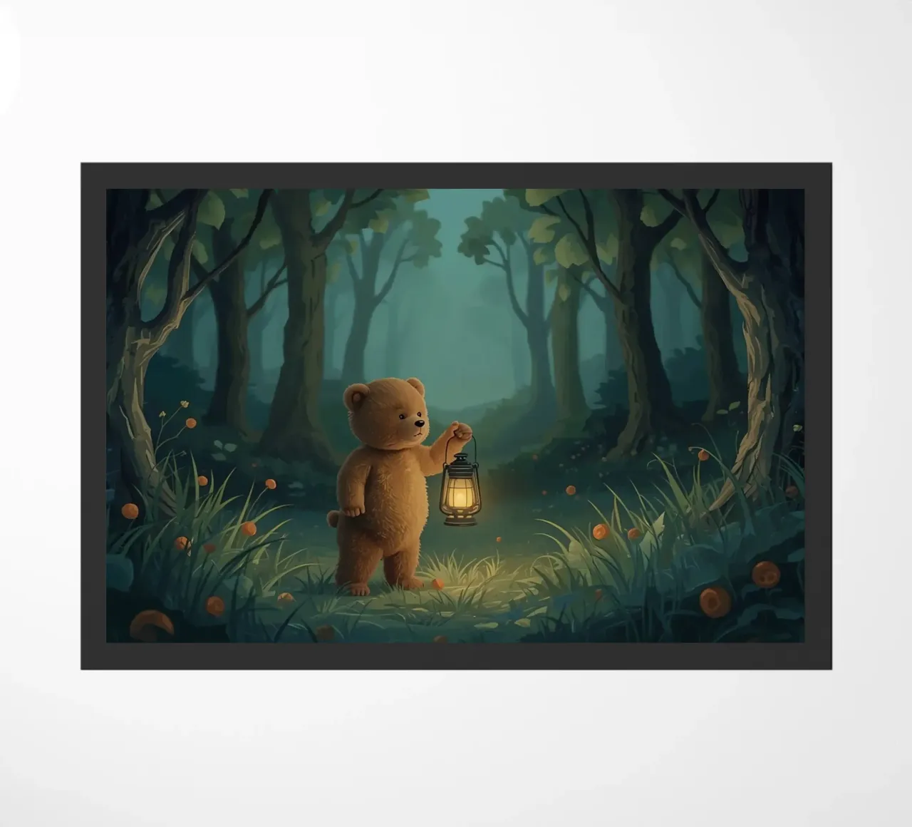 Orsacchiotto smarrito che tiene una lanterna nella foresta zerbino da DesignDoodle