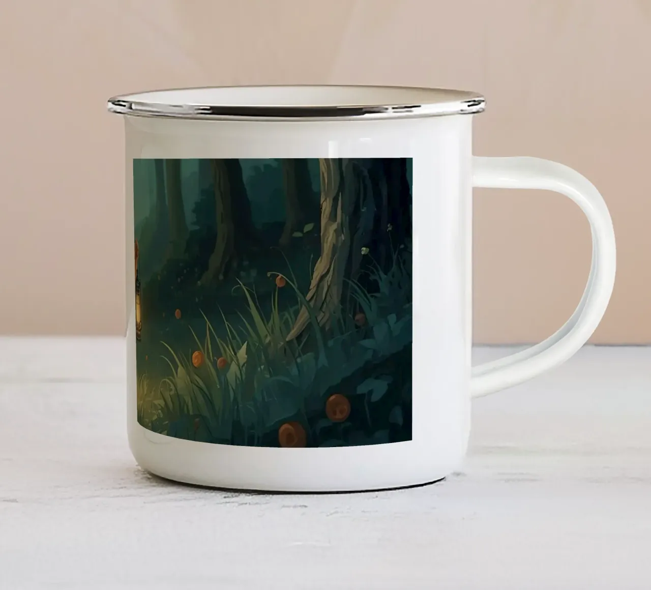 Orsacchiotto smarrito che tiene una lanterna nella foresta tazza in smalto da DesignDoodle