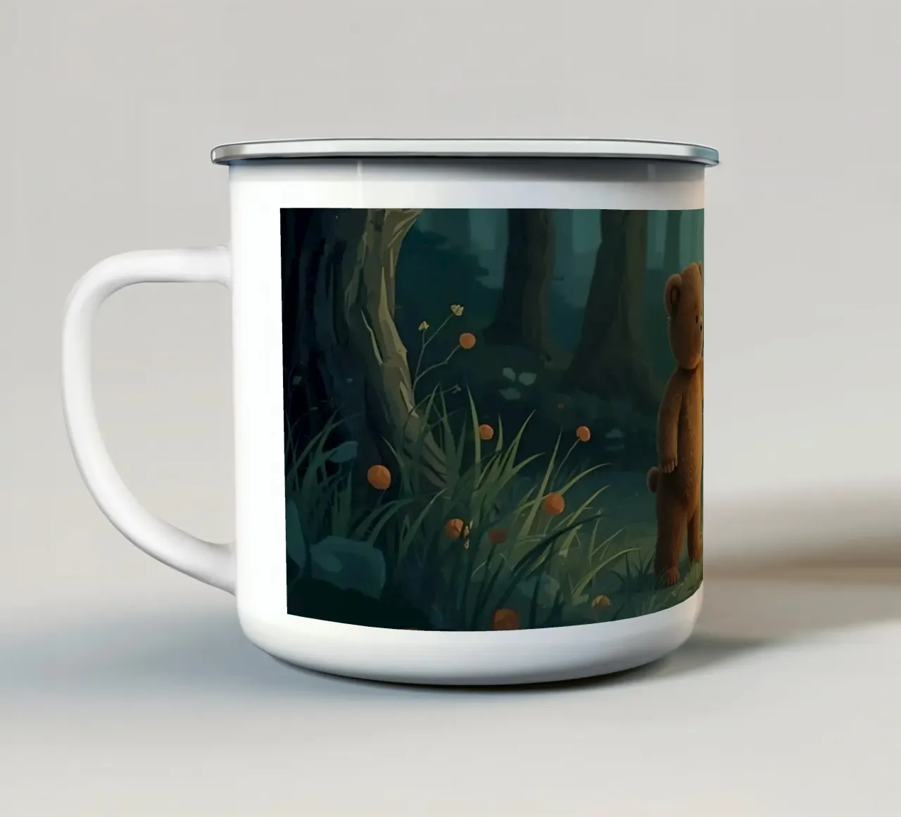 Orsacchiotto smarrito che tiene una lanterna nella foresta tazza in smalto da DesignDoodle