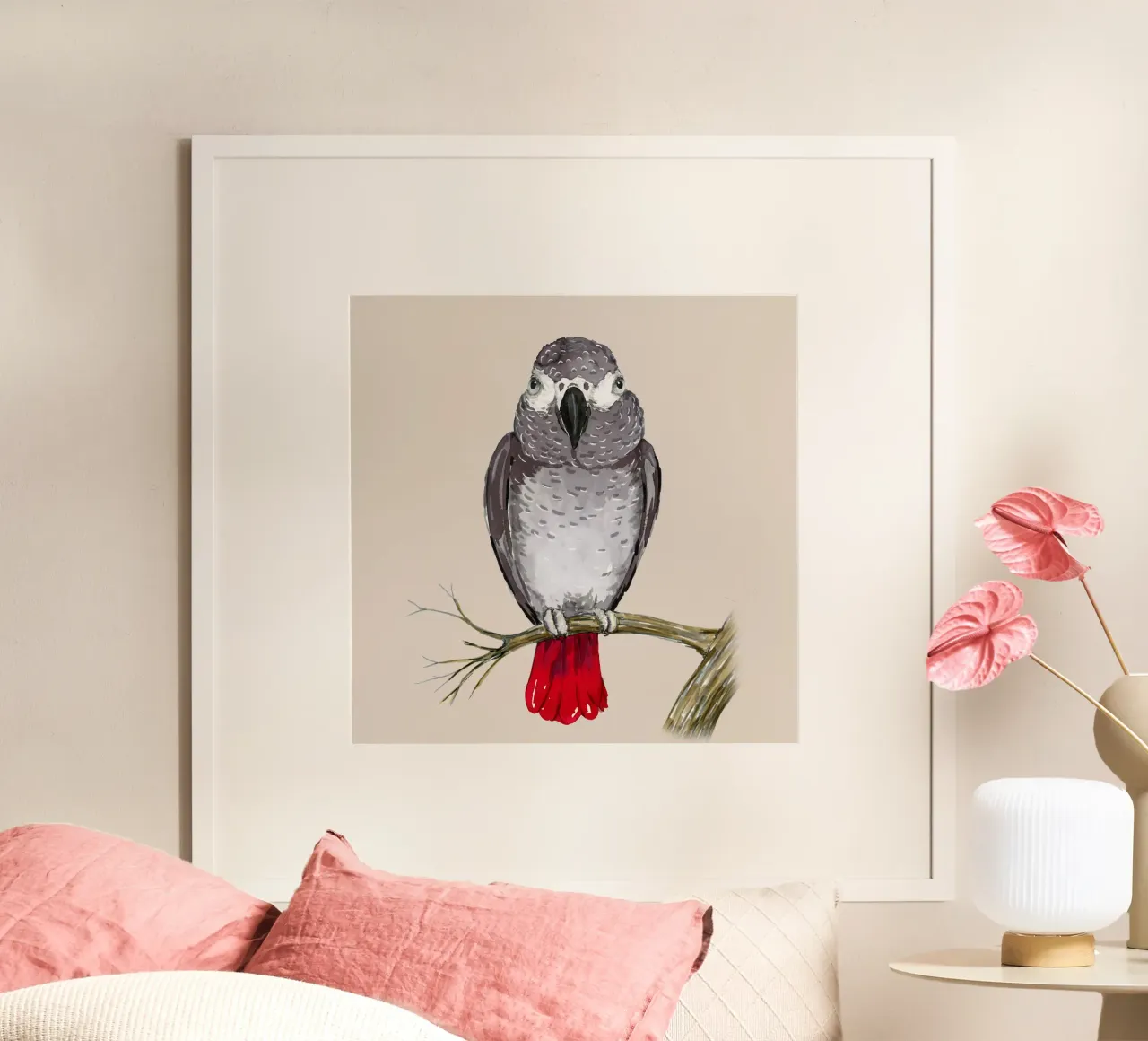 Pappagallo grigio africano acquerello poster con telaio in alluminio da BwiseLizzy