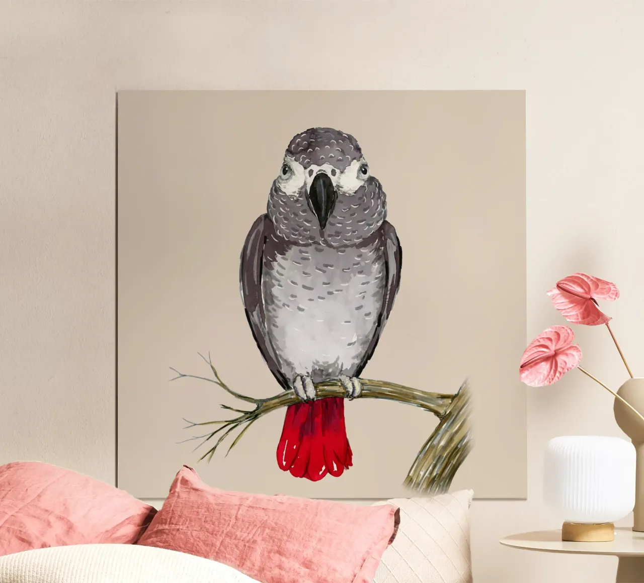 Pappagallo grigio africano acquerello poster con telaio in alluminio da BwiseLizzy
