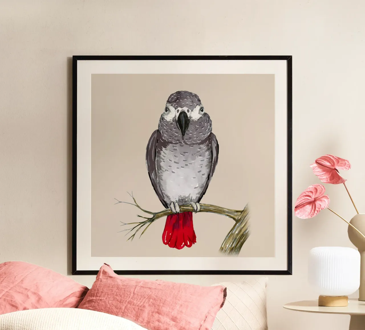 Pappagallo grigio africano acquerello poster con telaio in alluminio da BwiseLizzy