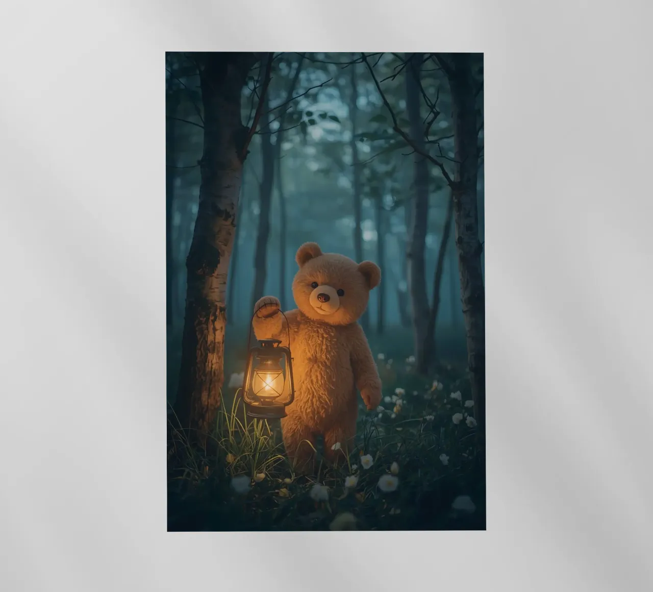 Orsetto curioso con lanterna nella foresta pellicola backlit da DesignDoodle