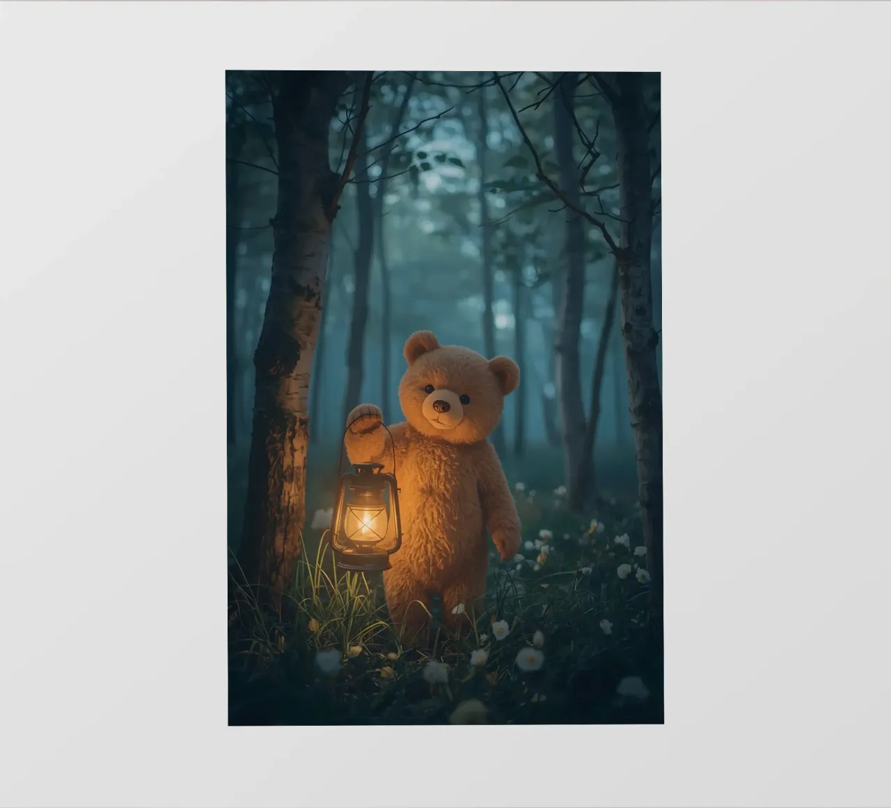 Orsetto curioso con lanterna nella foresta pellicola backlit da DesignDoodle