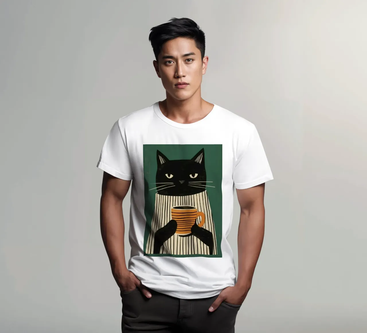 Gatto nero beve caffè t-shirt da igoshartwrks