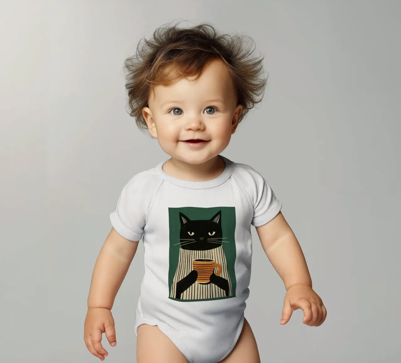 Gatto nero beve caffè body neonato maniche corte da igoshartwrks