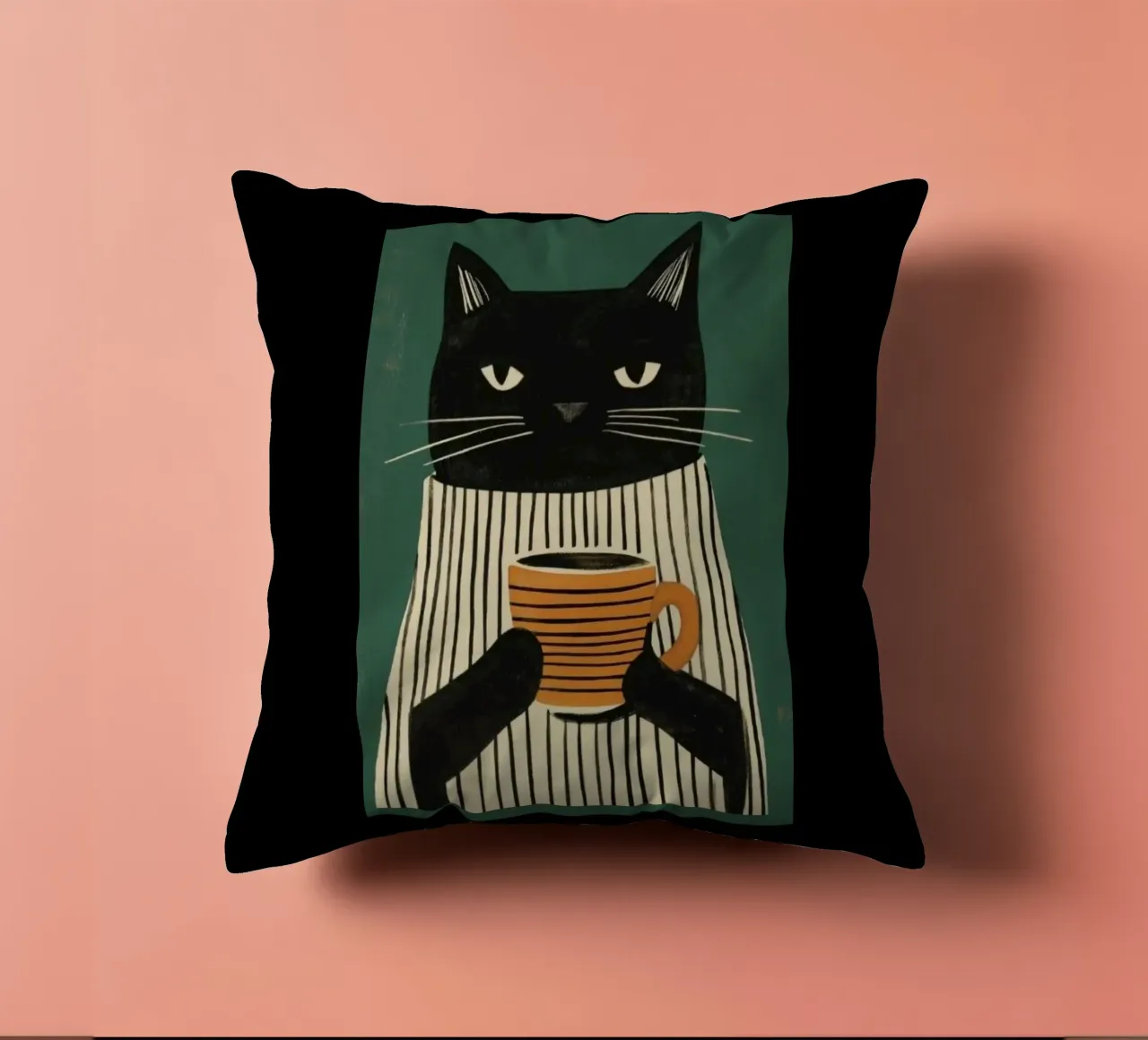 Gatto nero beve caffè cuscino da igoshartwrks