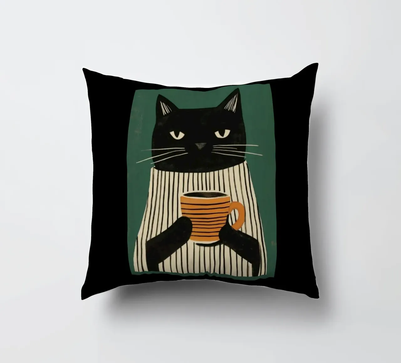 Gatto nero beve caffè cuscino da igoshartwrks