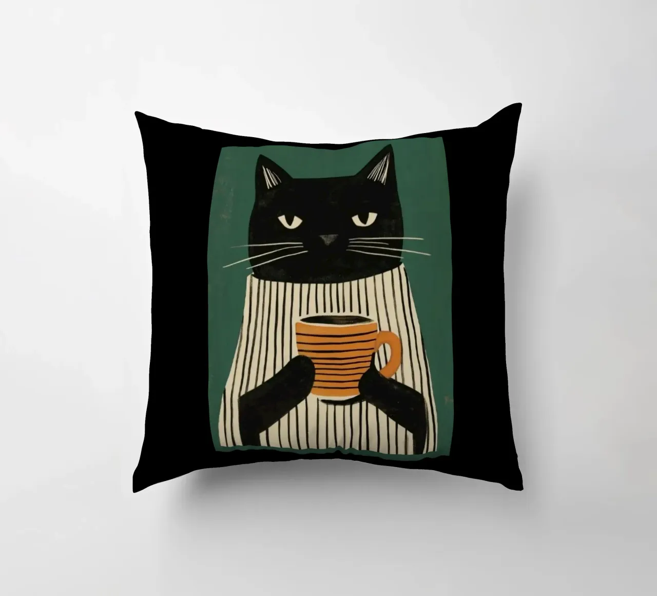 Gatto nero beve caffè cuscino da igoshartwrks
