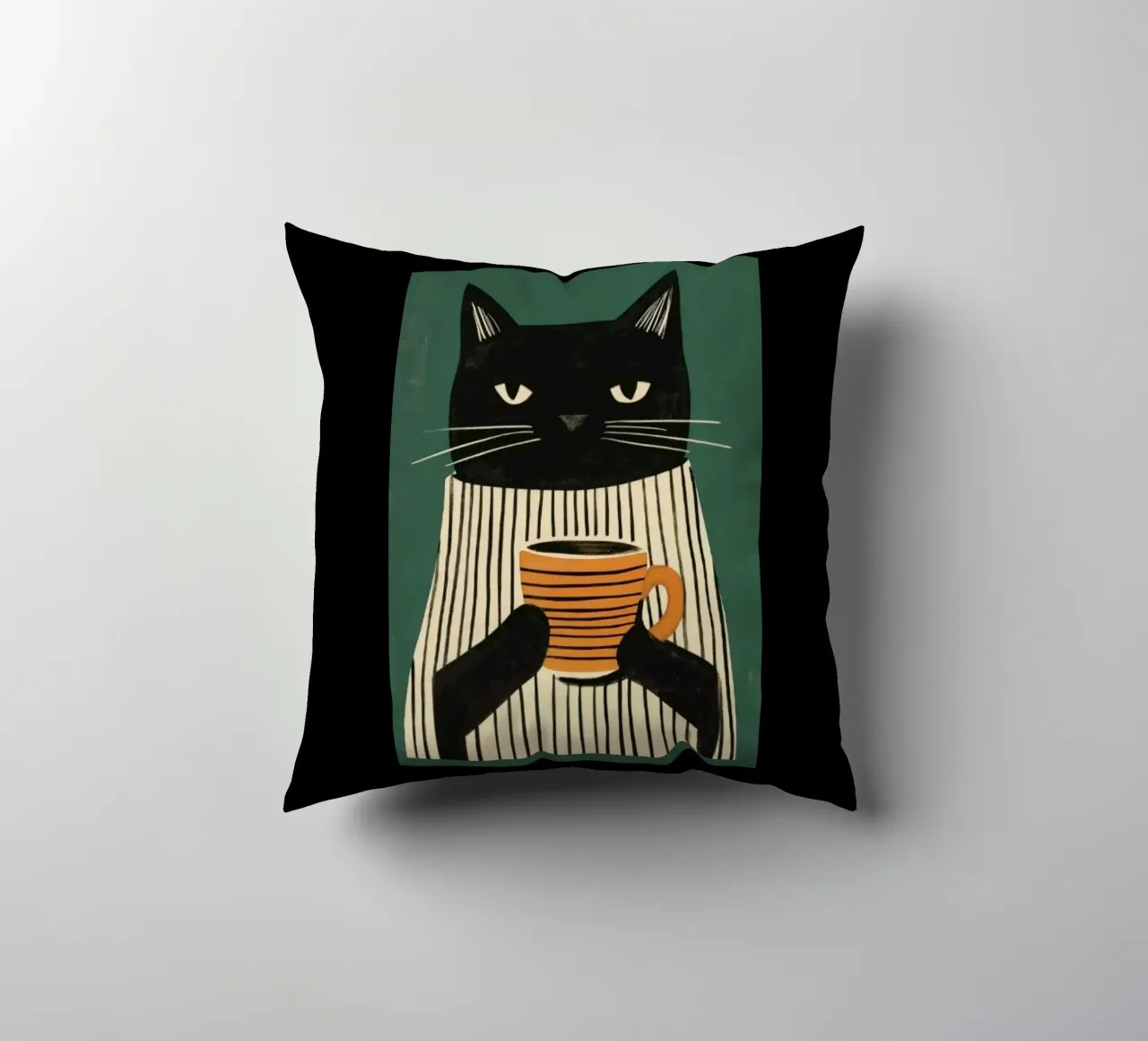 Gatto nero beve caffè cuscino da igoshartwrks