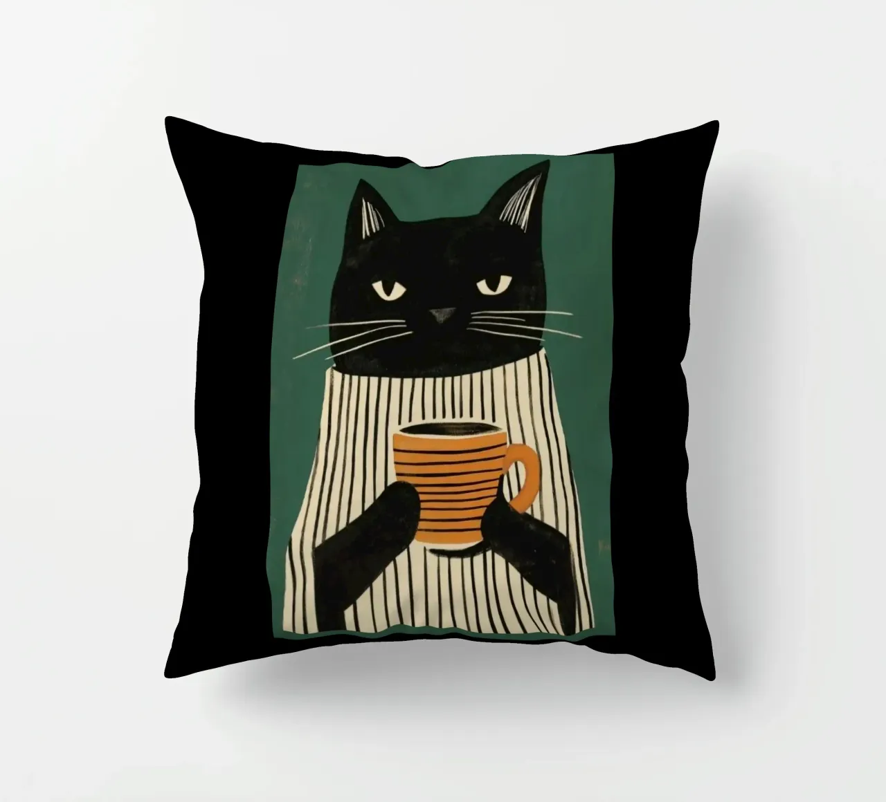 Gatto nero beve caffè cuscino da igoshartwrks