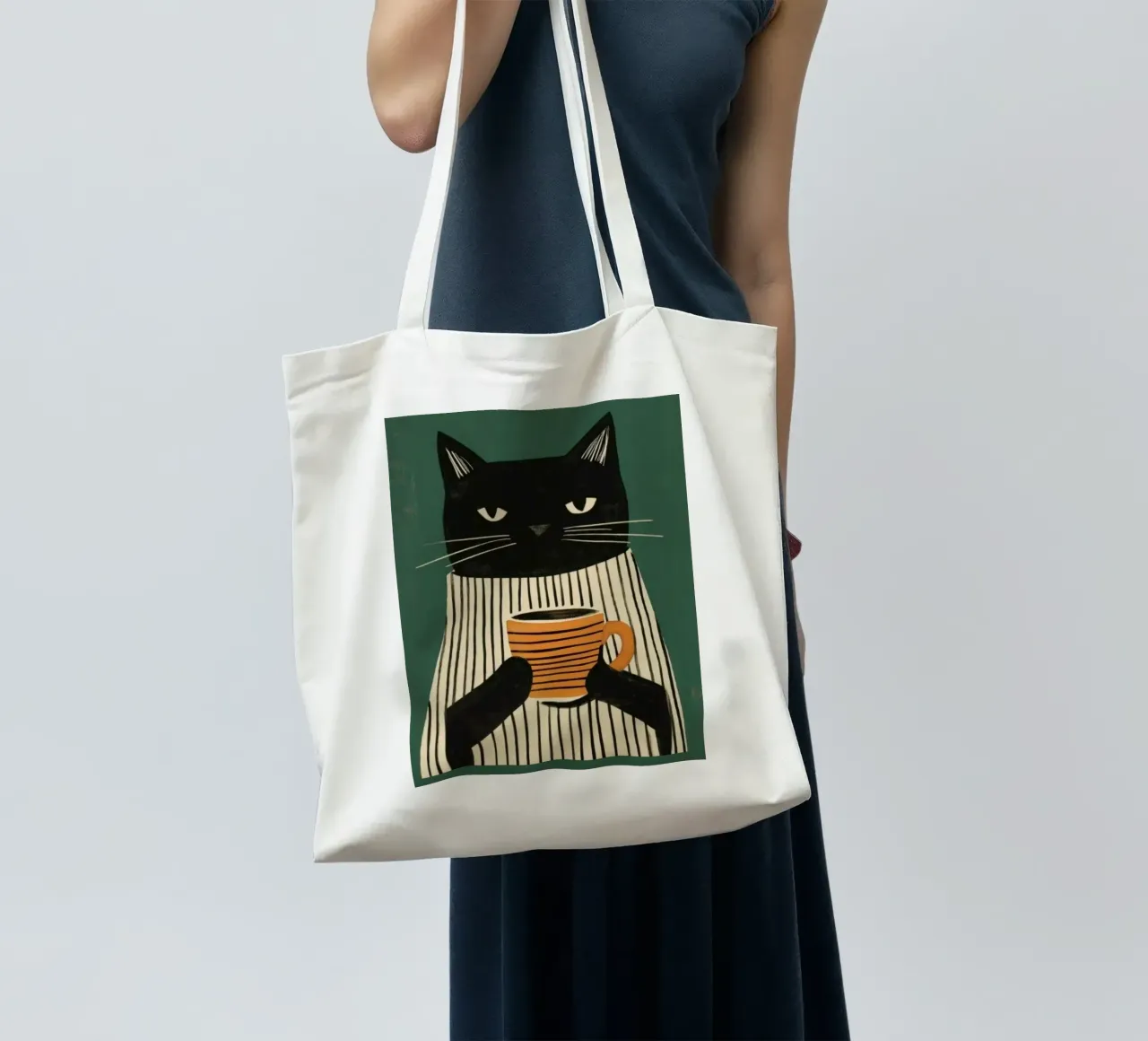 Gatto nero beve caffè borsa in juta da igoshartwrks