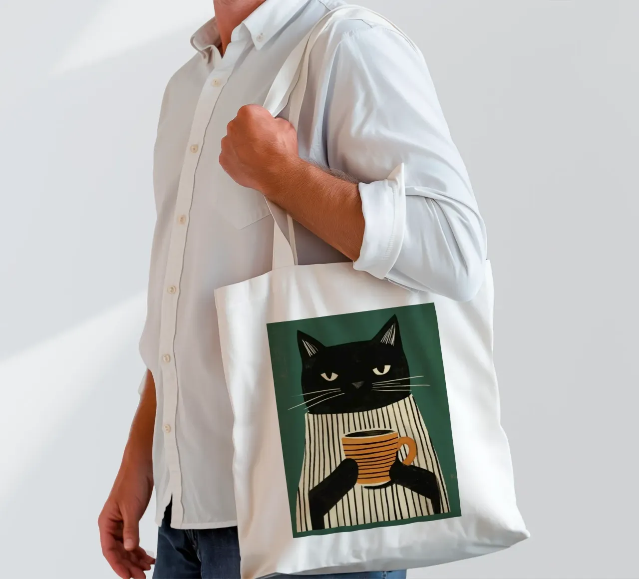 Gatto nero beve caffè borsa in juta da igoshartwrks