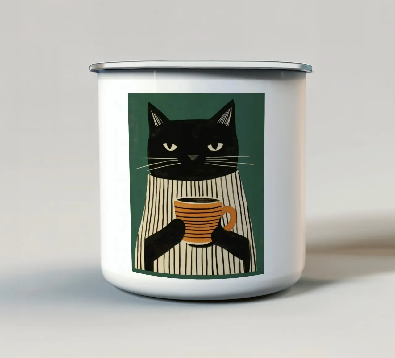 Gatto nero beve caffè tazza in smalto da igoshartwrks