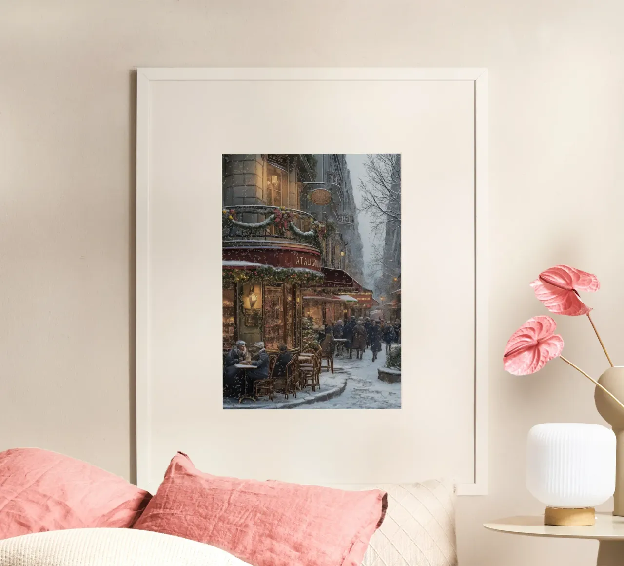 Winter City Café - Christmas Street Art Print poster by Cozy Vibes