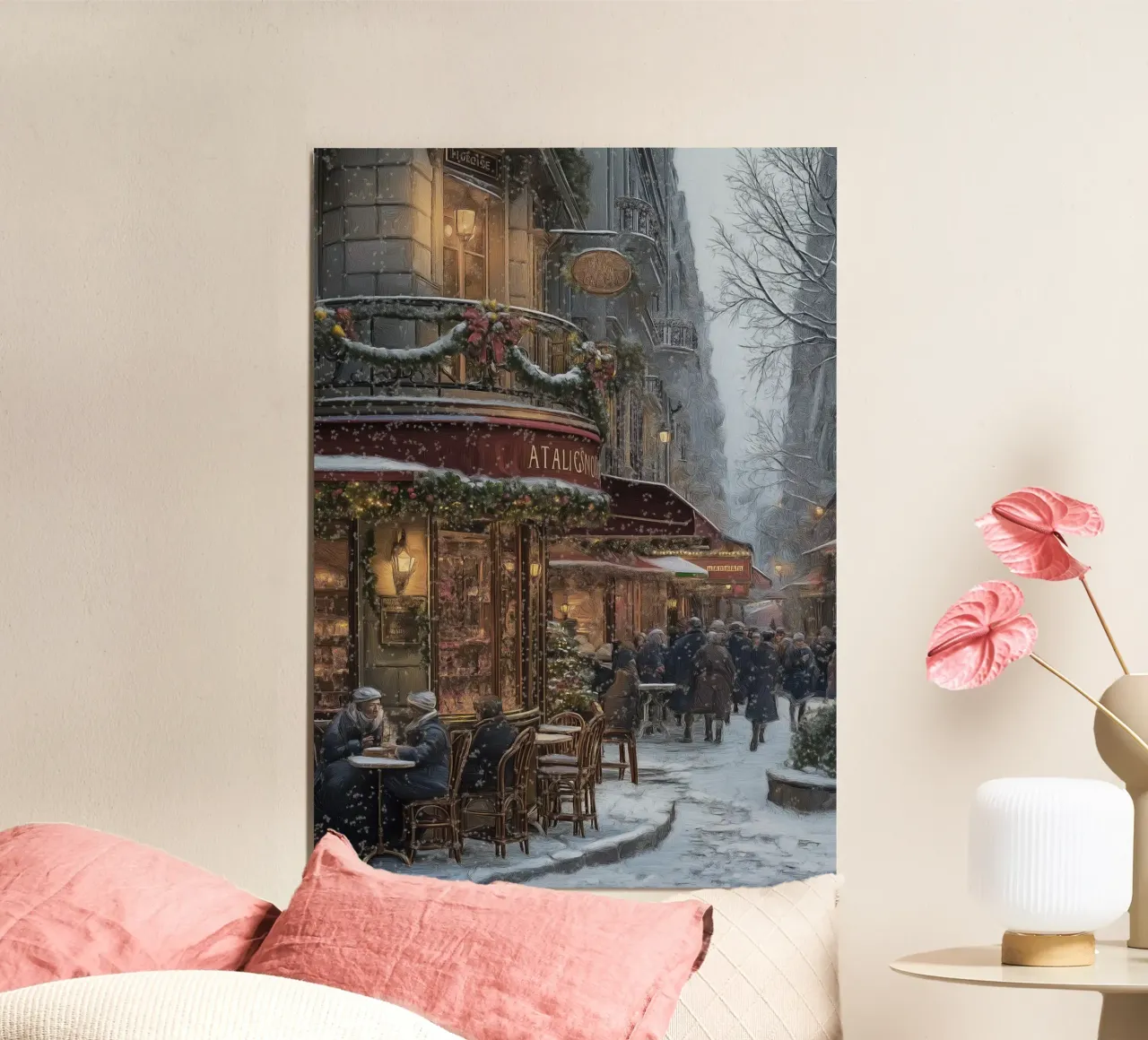 Winter City Café - Christmas Street Art Print poster by Cozy Vibes