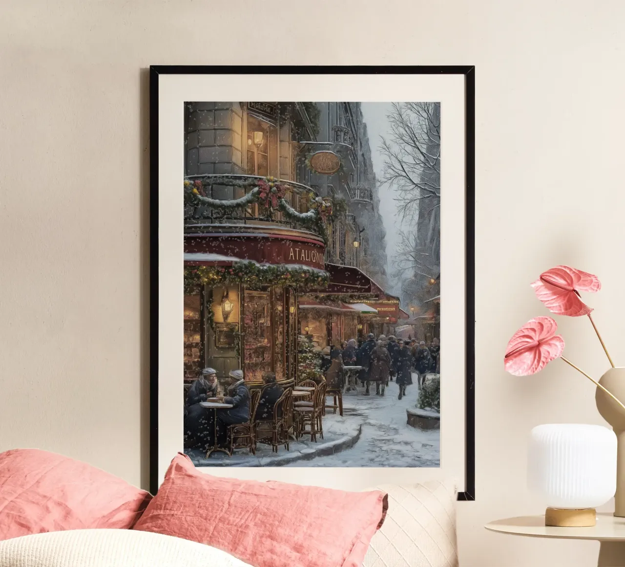 Winter City Café - Christmas Street Art Print poster by Cozy Vibes