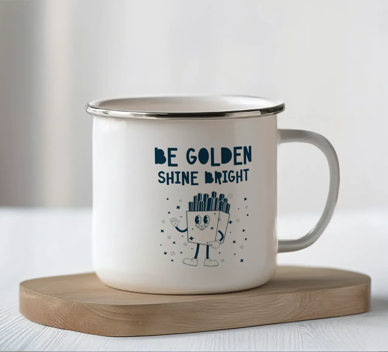 Retro Frites Karakter Wees Gouden Schijn Helder Blauw Wit emaille mok van Studio Frances M