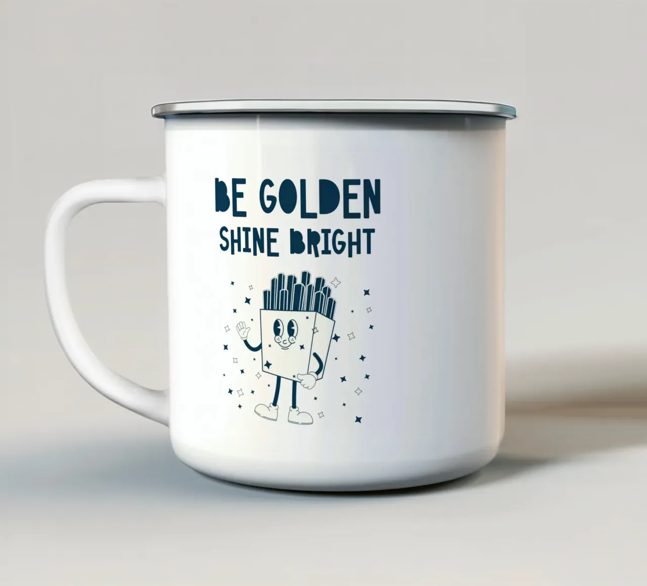 Retro Frites Karakter Wees Gouden Schijn Helder Blauw Wit emaille mok van Studio Frances M