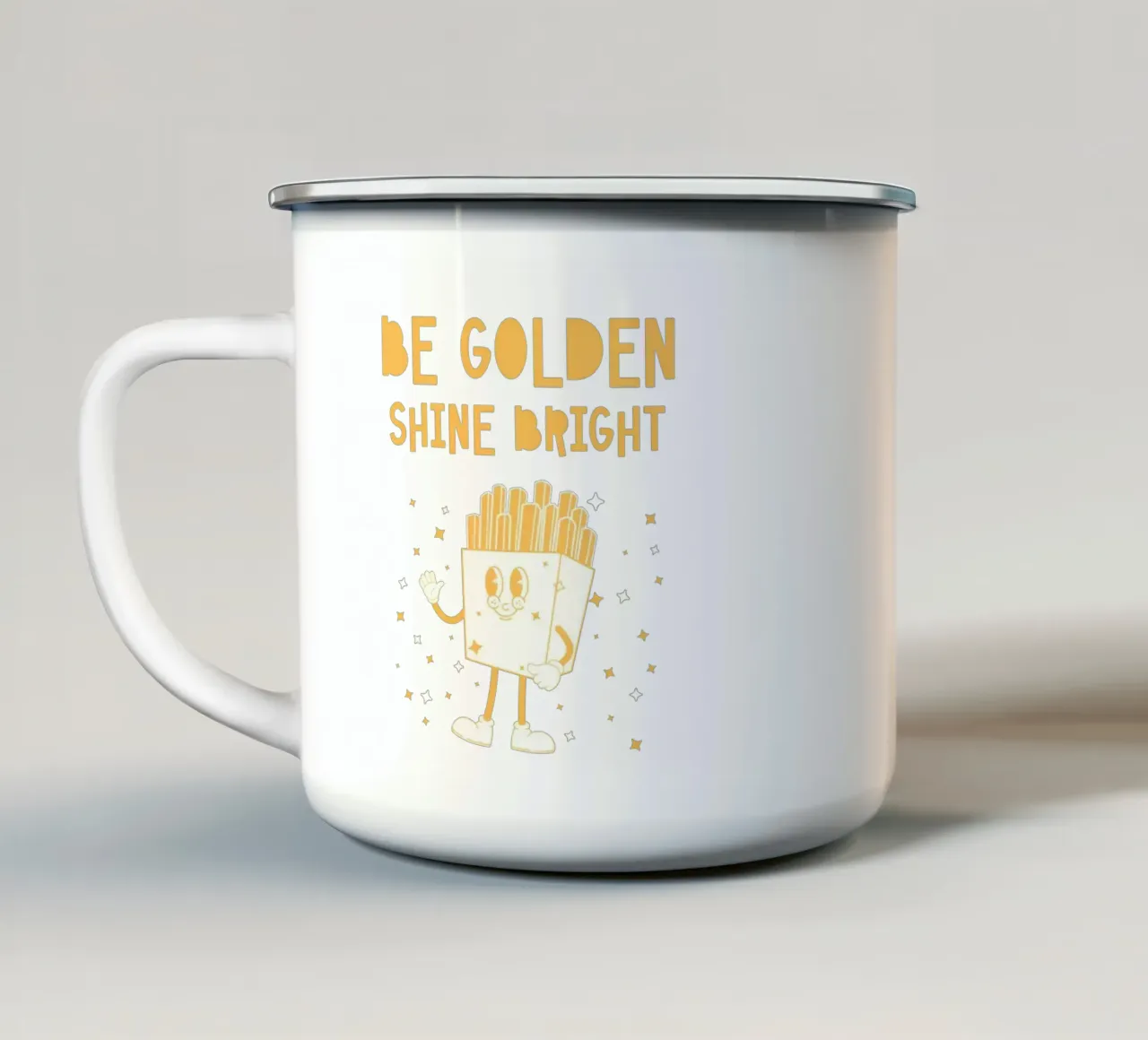 Retro Frites Karakter Wees Gouden Glans Helder Geel Wit emaille mok van Studio Frances M