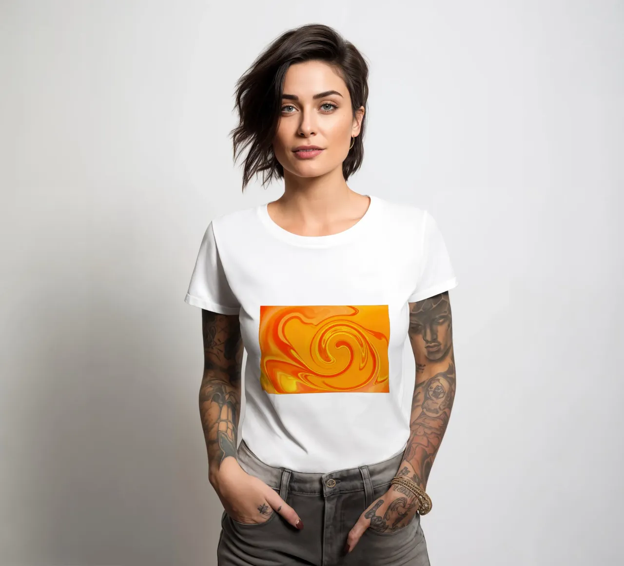 Abstract dynamic pattern in yellow, orange and red. women's fitted t-shirt by Something for you
