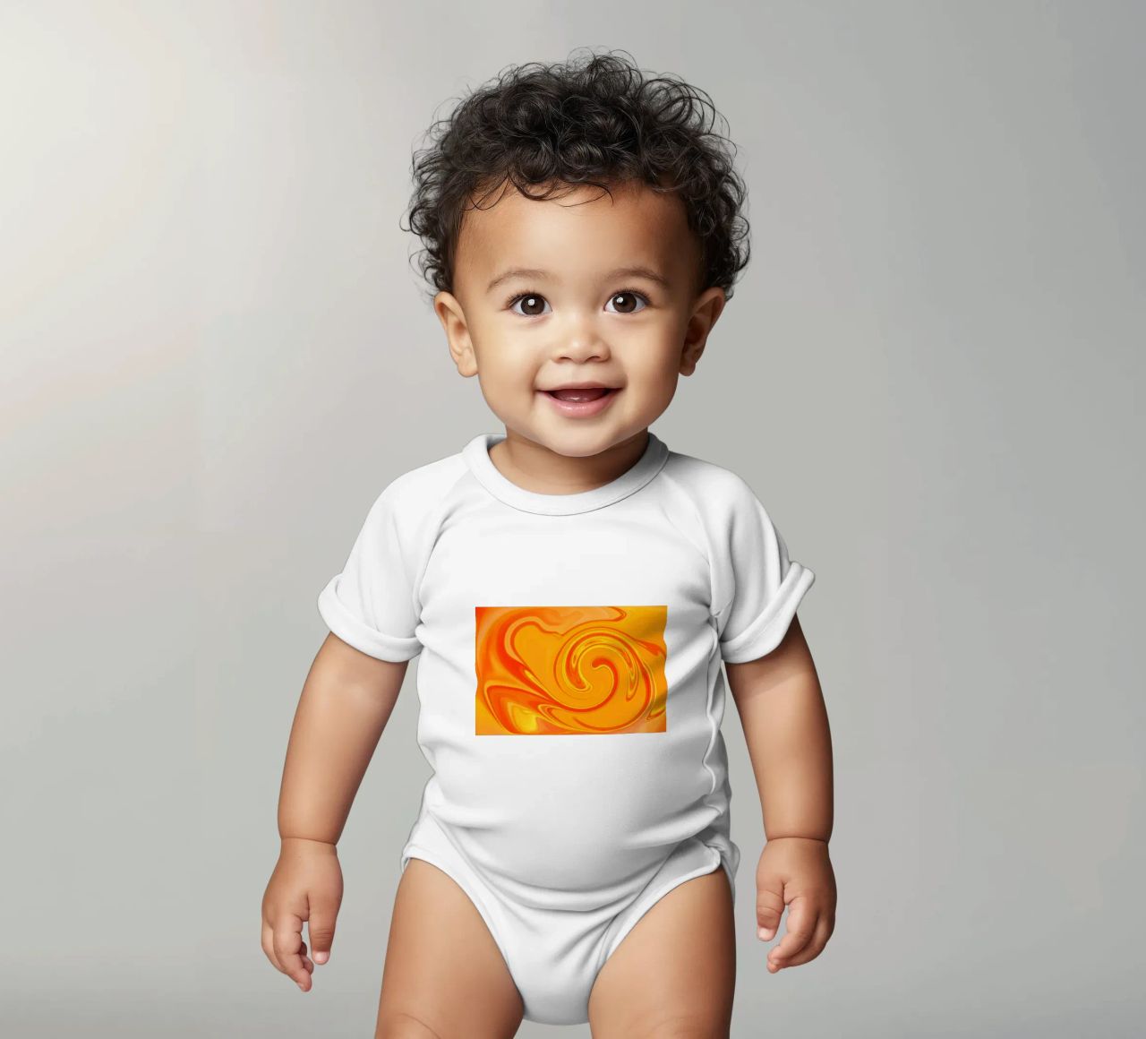 Abstract dynamic pattern in yellow, orange and red. short-sleeve baby romper by Something for you