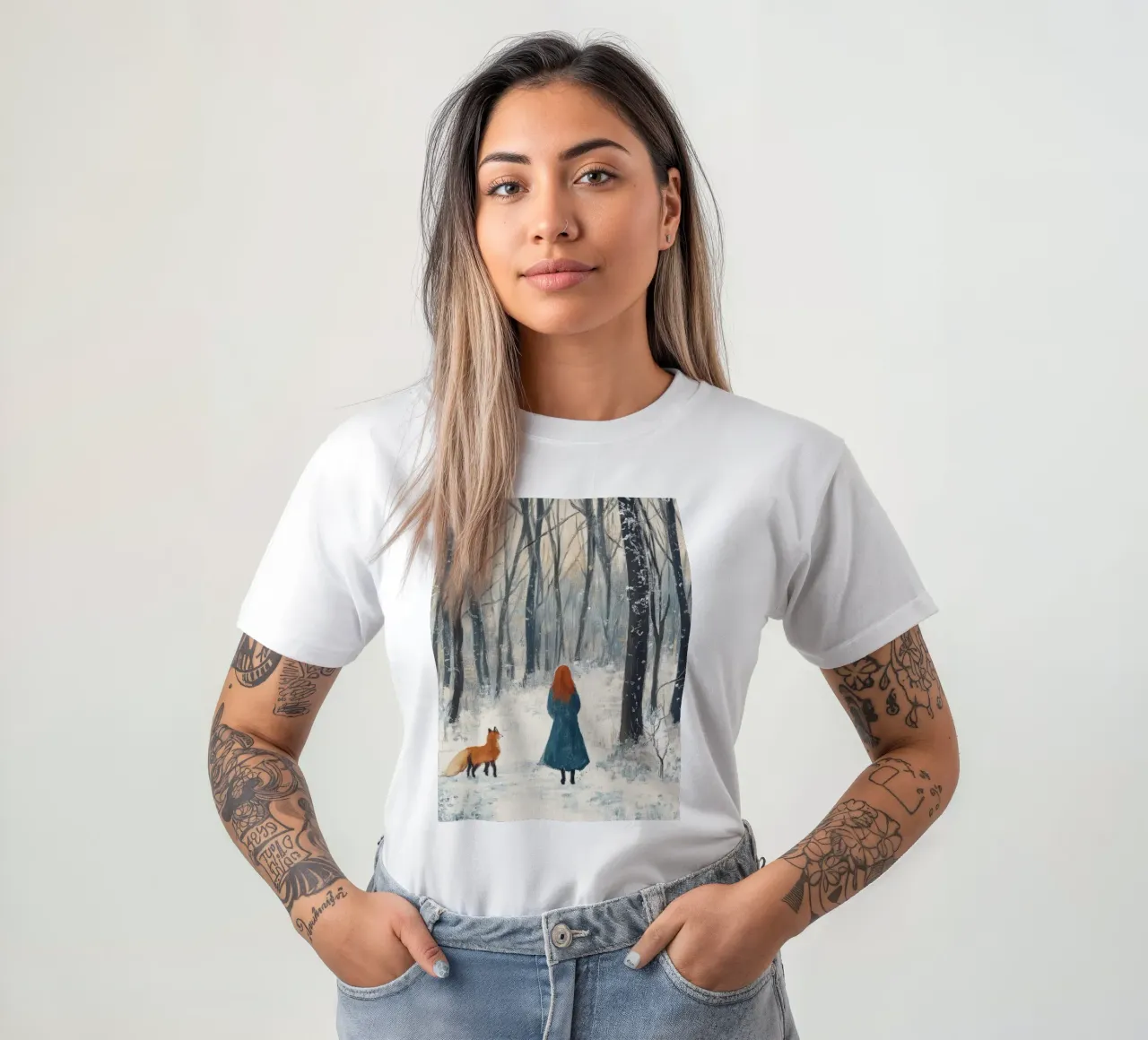 Mujer con zorro - Winter Forest Art Print camiseta de Cozy Vibes