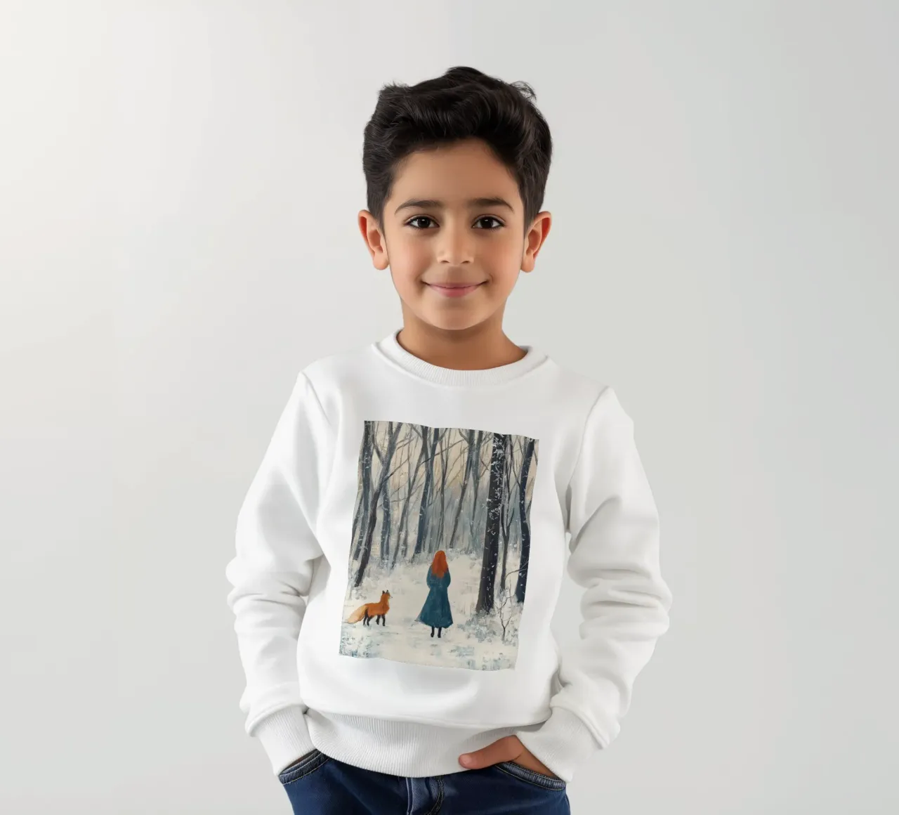 Mujer con zorro - Winter Forest Art Print sudadera para niño de Cozy Vibes