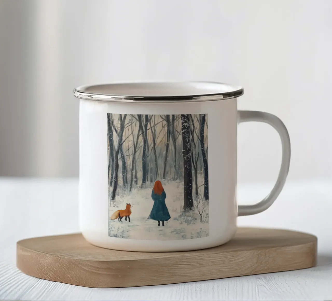 Donna con volpe - Stampa d'arte sulla foresta invernale tazza in smalto da Cozy Vibes