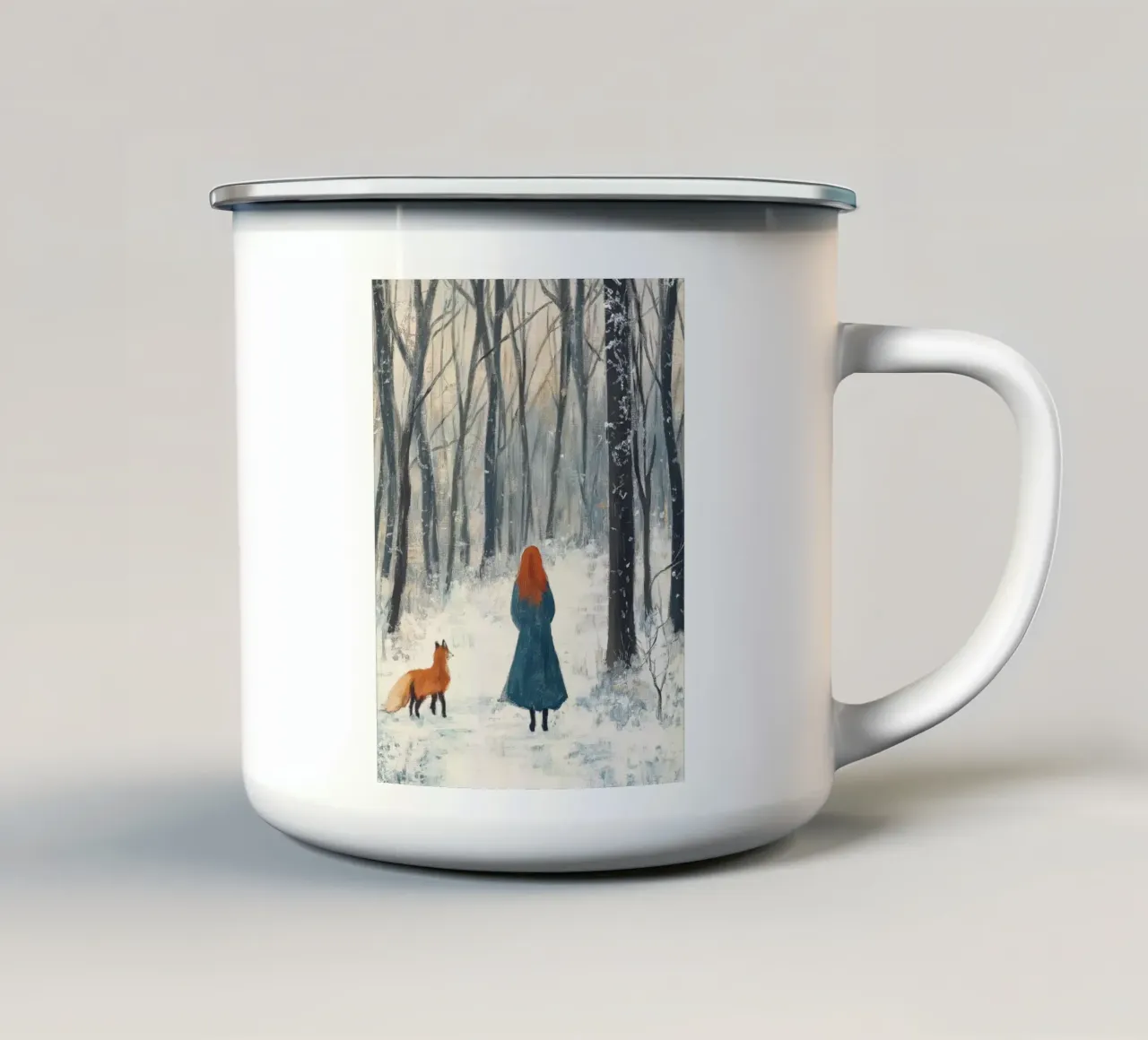 Donna con volpe - Stampa d'arte sulla foresta invernale tazza in smalto da Cozy Vibes