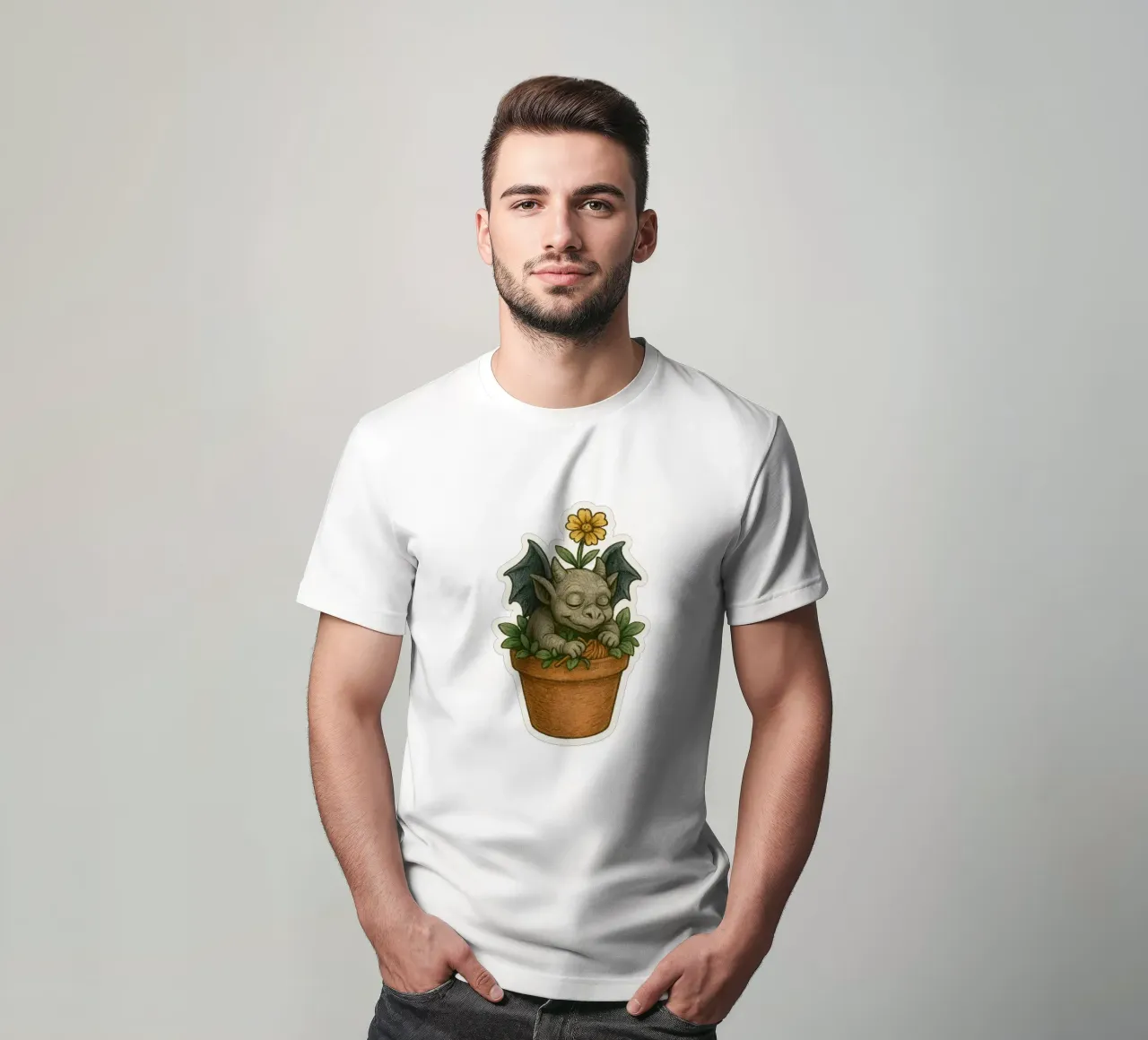 Baby Gargoyle che dorme in un vaso di fiori t-shirt da Taika Tori Art
