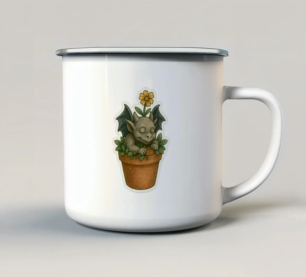 Baby Gargoyle che dorme in un vaso di fiori tazza in smalto da Taika Tori Art